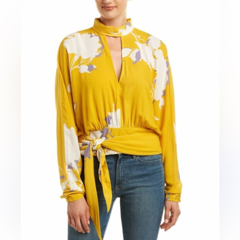Free People Say You Love Me Yellow Floral Side Tie Blouse Sz M